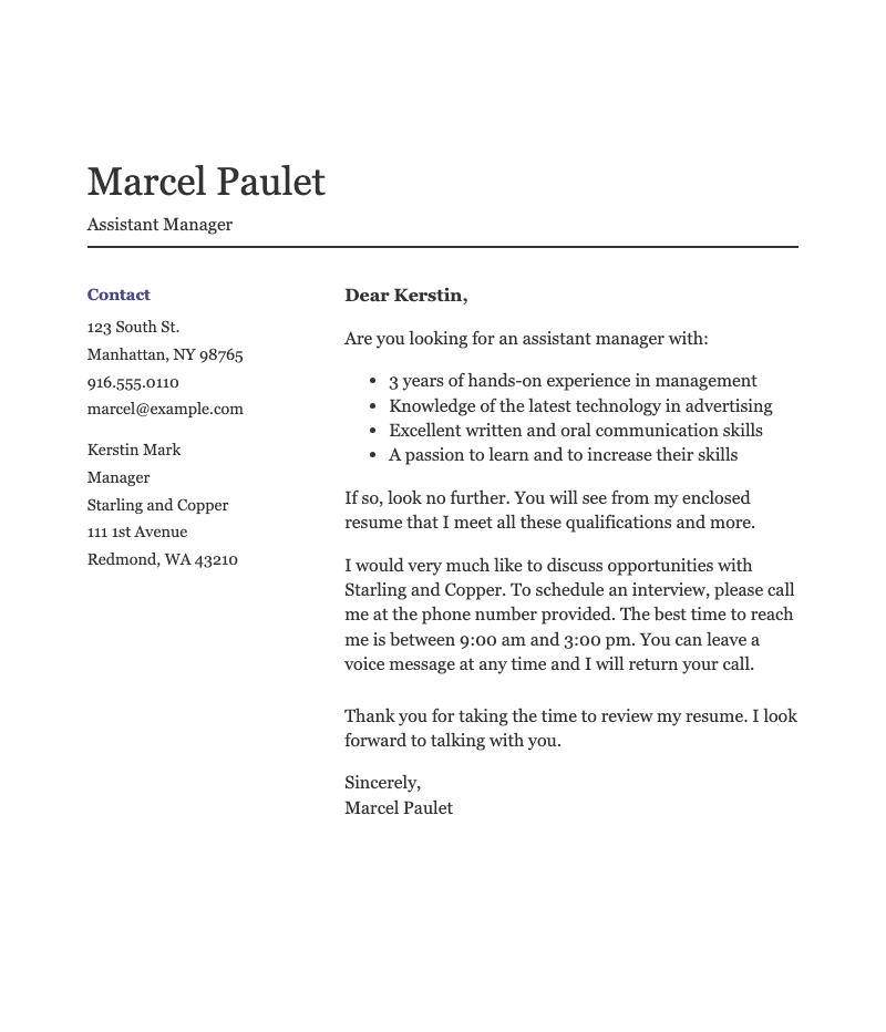 Basic management cover letter - Crisp, two-column cover letter for assistant managers emphasizing qualifications and a direct call to action.